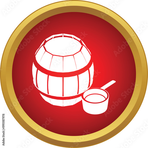 Wooden barrel and ladle for sauna creating a wellness icon