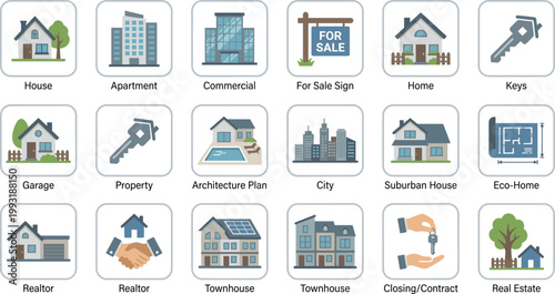 Real estate flat design icon set for web, business, and property listings
