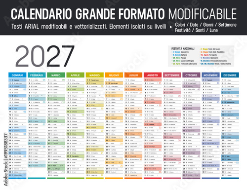 Calendario 2027 italiano grande formato modificabile, pianificatore annuale orizzontale vettoriale con festività e santi