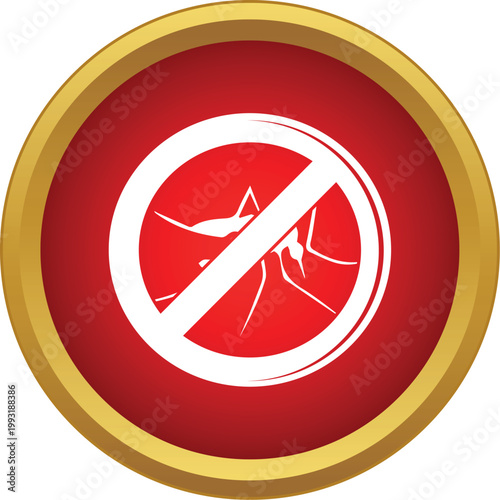 Round red sign showing a white mosquito with a prohibition circle and gold border
