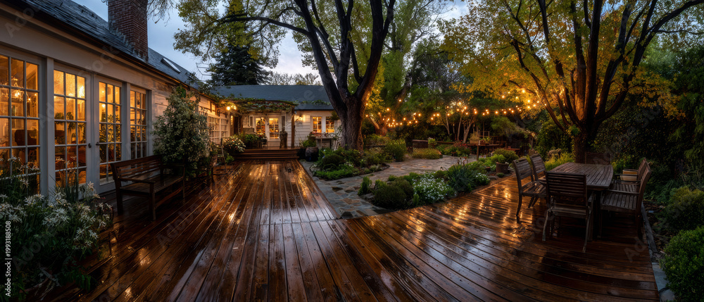 Fototapeta premium Luxury backyard panorama featuring a restored wooden deck and twilight garden landscape lighting in evening