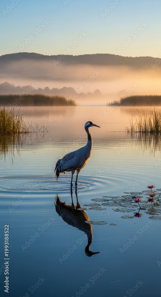 Fototapeta premium Elegant Crane Standing in Calm Lake Water at Sunset.