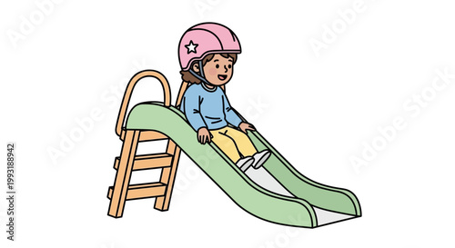 Little girl wearing pink helmet slides.