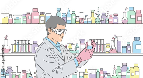 Scientist in lab coat holding vial.