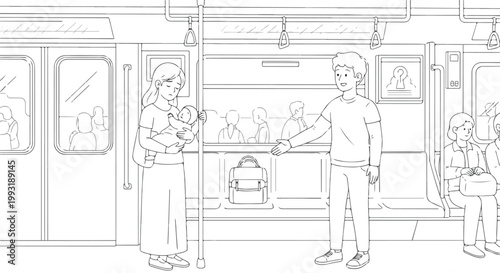 Man Offering Seat to Woman with Baby on Subway Train Vector