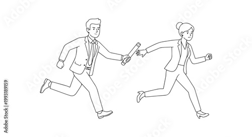 Corporate Relay Race Minimalist Vector Set, Business Figure Handing Over Baton with White Fill and Clean Outlines for Professional Presentations