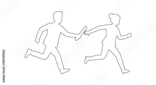 Corporate Relay Race Outline Vector, Thin Line Business Professionals Passing Baton for Modern Wireframe and Interface Design
