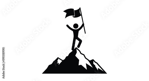 Vector graphic illustration of a triumphant person reaching a mountain peak and planting a flag representing success