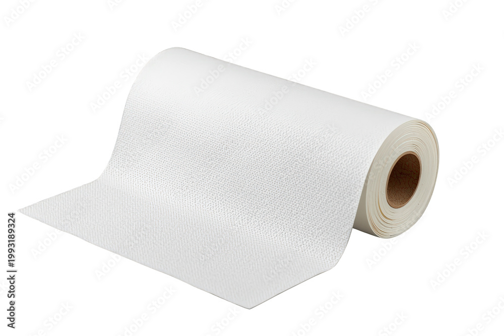 Fototapeta premium White roll of kitchen paper towel unwinding, useful for cleaning and hygiene with a transparent background