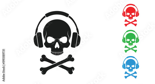Dark skull with headphones and crossbones symbol representing music, danger, or piracy in a bold graphic design