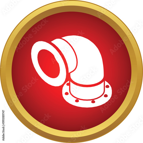 White silhouette of a flanged pipe elbow within a red circle with a gold border