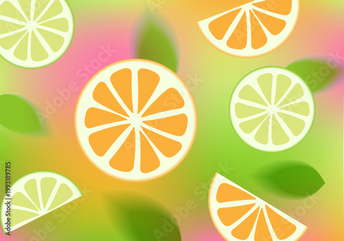 A summery, colourful background featuring slightly blurred slices of lime and orange, along with mint leaves, floating in a colourful cocktail. Colours: orange, pink, green, pale yellow.