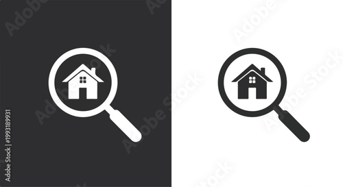 Close-up of a magnifying glass focusing on a house icon symbolizing real estate search and property inspection