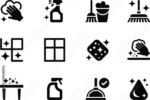 Cleaning icon set vector sanitation cleaning supplies spray bottle bubbles detergent wiping hand soap bar sparkling leaf for home cleaning design