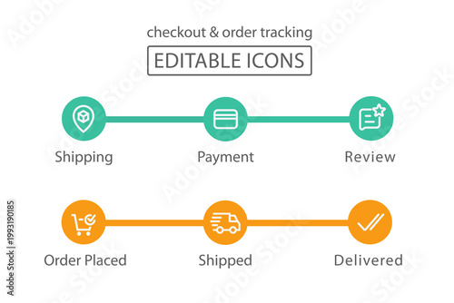 Checkout and Order Tracking Progress Bar Icon Set. Editable vector illustration of e-commerce workflow stages including shipping, payment, review, order placed, shipped, and delivered status.