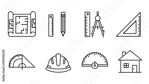 Collection of engineering and construction tools including rulers, protractor, hard hat, and triangle for technical
