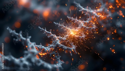A vibrant and dynamic abstract image of glowing orange sparks and white branches on a dark background