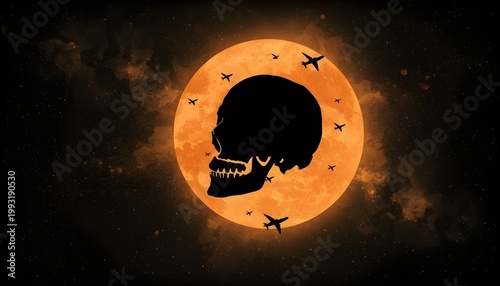 A surreal illustration of a skull silhouette set against a vibrant orange moon surrounded by flying airplanes in a starry night sky