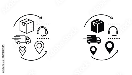 Logistics and supply chain management icon set including delivery truck package and customer support symbols
