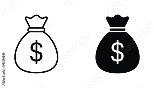 Financial money bag icon set with dollar sign in outline and solid styles for banking investment and accounting visual communication
