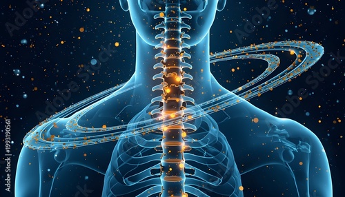 A glowing blue human skeleton with a highlighted spine and ribcage against a dark starry background