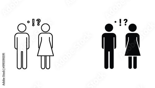 Confused man and woman standing together icon set with punctuation marks in line art and solid black styles for social interaction and communication design projects