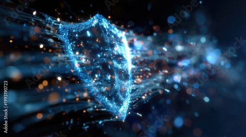 Digital Shield: A dynamic representation of security and protection, featuring a glowing shield composed of interconnected particles against a dark background.