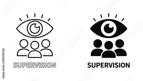 Supervision concept icon featuring human eye watching over group of people in outline and solid vector graphic styles for management and leadership corporate training materials