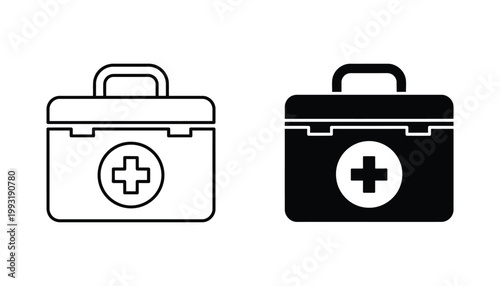Medical first aid kit box with cross symbol in outline and solid vector graphic styles for healthcare and safety signage design elements across print and digital media platforms