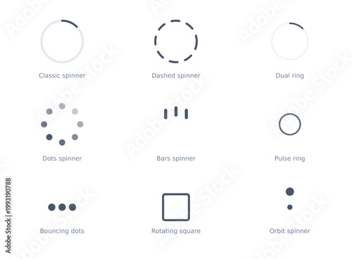 Spinning loader icons set loading animations progress bars and buffering symbols in black on white background