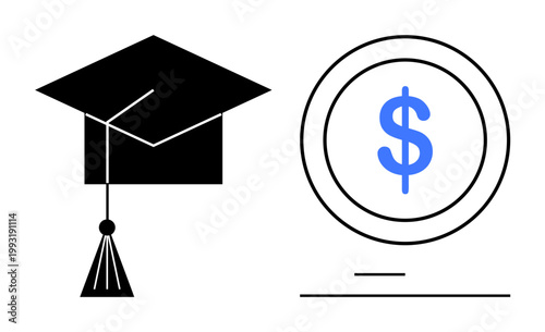 Education expenses, scholarships, student loans, budgeting, higher learning investment, and career preparation. Graduation cap next to a dollar sign coin. Education expenses and scholarships concept