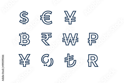 Set of World Currency Symbols and Financial Icons with Editable Stroke Line Art, Including Dollar, Euro, Yen, Pound, Bitcoin, Rupee, Won, Ruble, Lira, Rial, and Rand for Global Business and Banking.