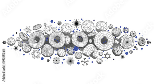 Vector graphic illustration of various geometric shapes including spheres, tori, and polyhedra in a wireframe design with blue dots on a gray background