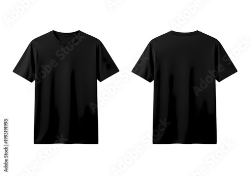 Two classic black cotton crew neck t-shirts side by side