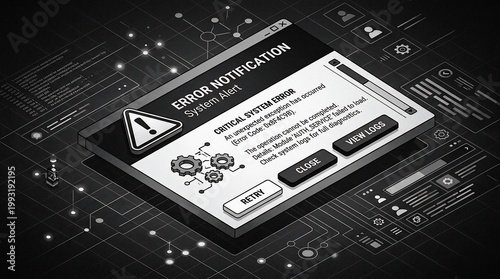 Isometric digital error notification popup window with system failure alert on dark technological background.