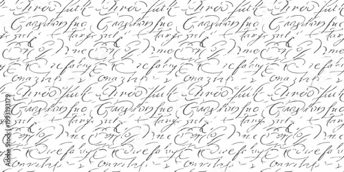 A vintage seamless pattern featuring dense, handwritten script in black ink on a white background, evoking historical documents and letters.