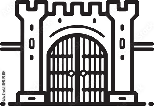 A stark, stylized illustration of a formidable castle gate, a symbol of historical significance and fortified protection.