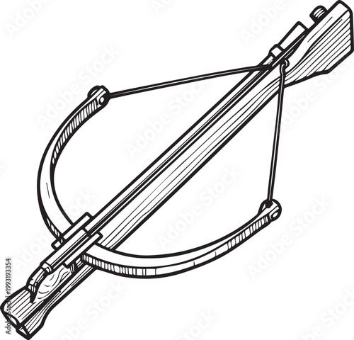 An intricately detailed illustration of a crossbow, a historical weapon, shown in precise lines and shadows. The image captures the weapon's design and mechanism.