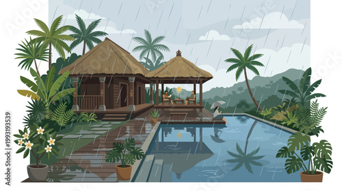 Tropical hut by the pool side.