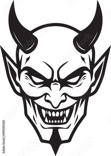 An intimidating demon's head illustration, showcasing a devilish grin and formidable horns, symbolizing dark fantasy.