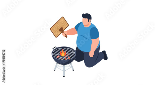 Man grilling burger on a barbecue, cooking outdoors, summer fun.