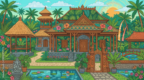 Foto Traditional Balinese wooden house exterior.