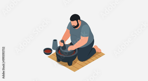 Man grinding spices in a traditional mortar and pestle.