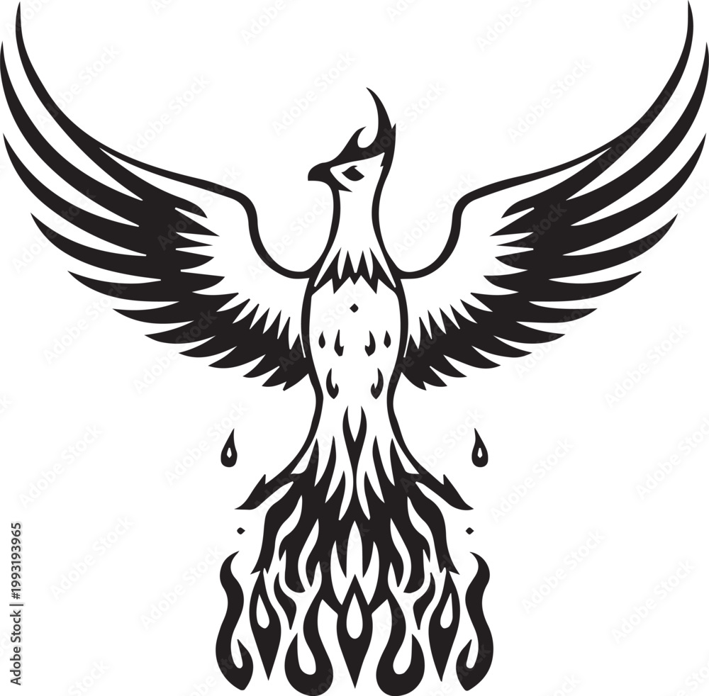 Fototapeta premium The legendary phoenix, a symbol of rebirth and renewal, rises triumphantly from flames in a dynamic illustration, its detailed form rendered in bold, clean lines. 