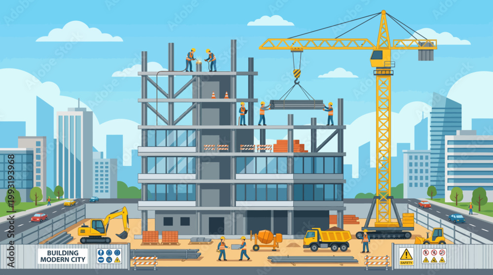 Fototapeta premium Construction site with crane and workers.