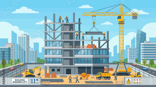 Construction site with crane and workers.