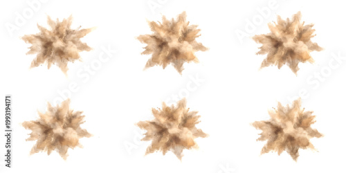 Six abstract explosions of beige powder or dust captured in mid-air against a clean white background, creating a dynamic and energetic visual effect.