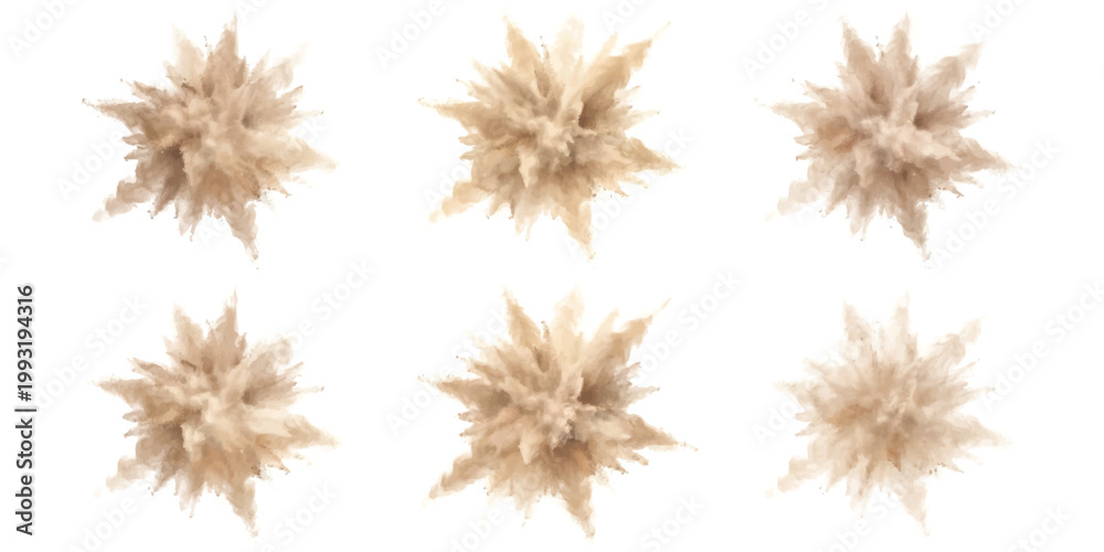 Ταπετσαρία Six symmetrical explosions of beige powder captured mid-air against a stark white background, creating a dynamic and abstract visual effect with detailed particulate matter