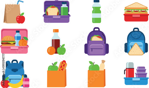 
Colorful School Lunch Box and Bag Set with Sandwich, Apple, Juice, Backpack, and Food Items for Kids and Education Designs
