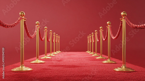 Red carpet and red velvet rope barrier with golden poles.